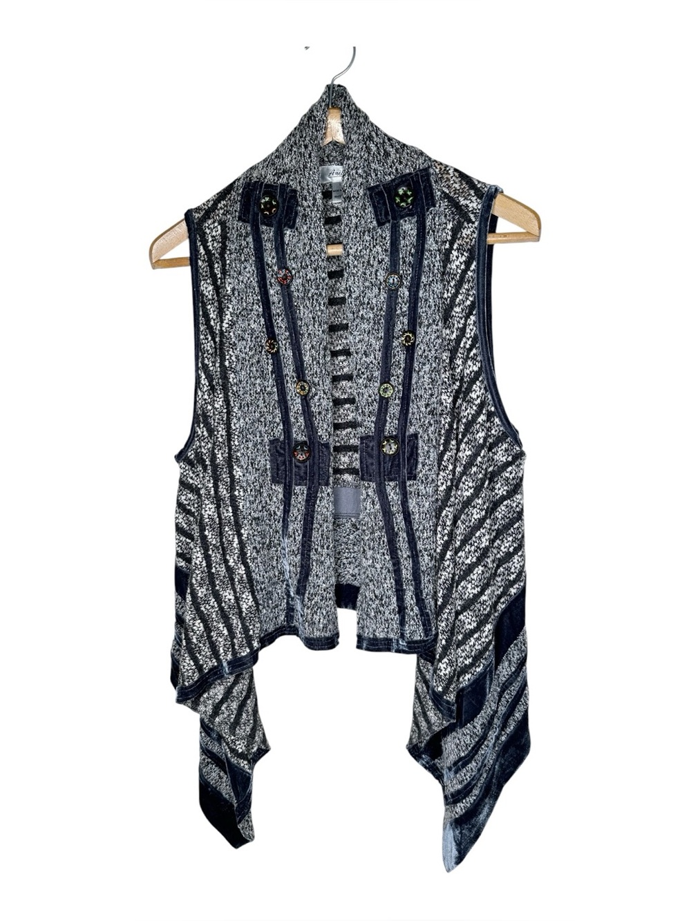 Anis A Waterfall Cardigan Sweater Artsy Buttons Velvet Trim Size XL Eclectic